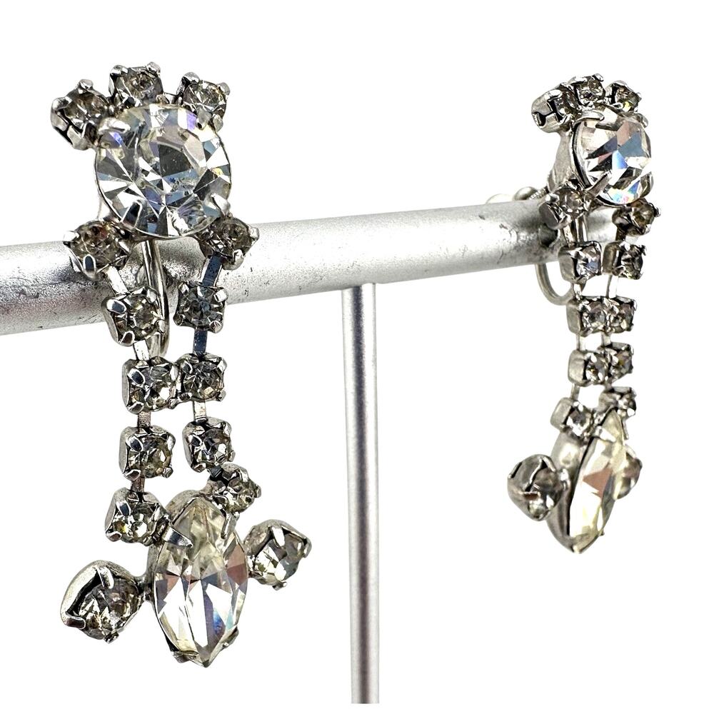 Vintage Glass Rhinestone Prong Set Silver Tone Screw Back 1.5” Earrings